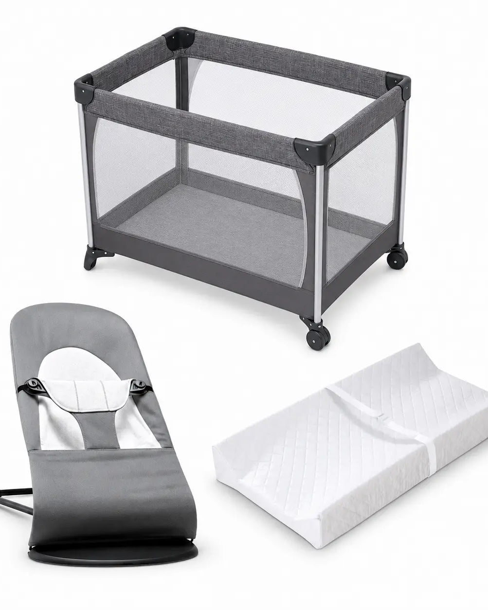 All-in-one baby gear rental bundle in Panama with playard, baby bouncer, and changing pad on a white background.