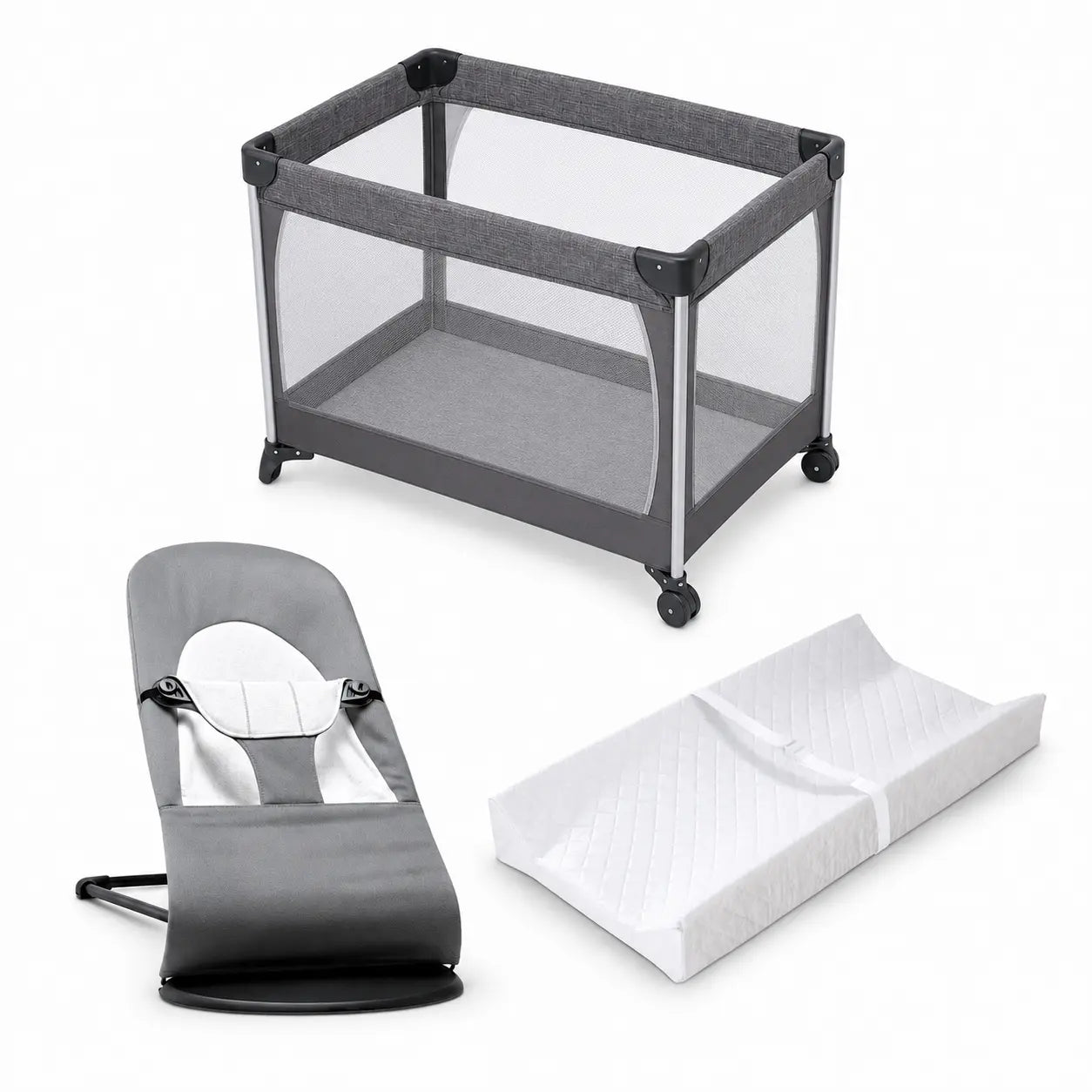 All-in-one baby gear rental bundle in Panama with playard, baby bouncer, and changing pad on a white background.