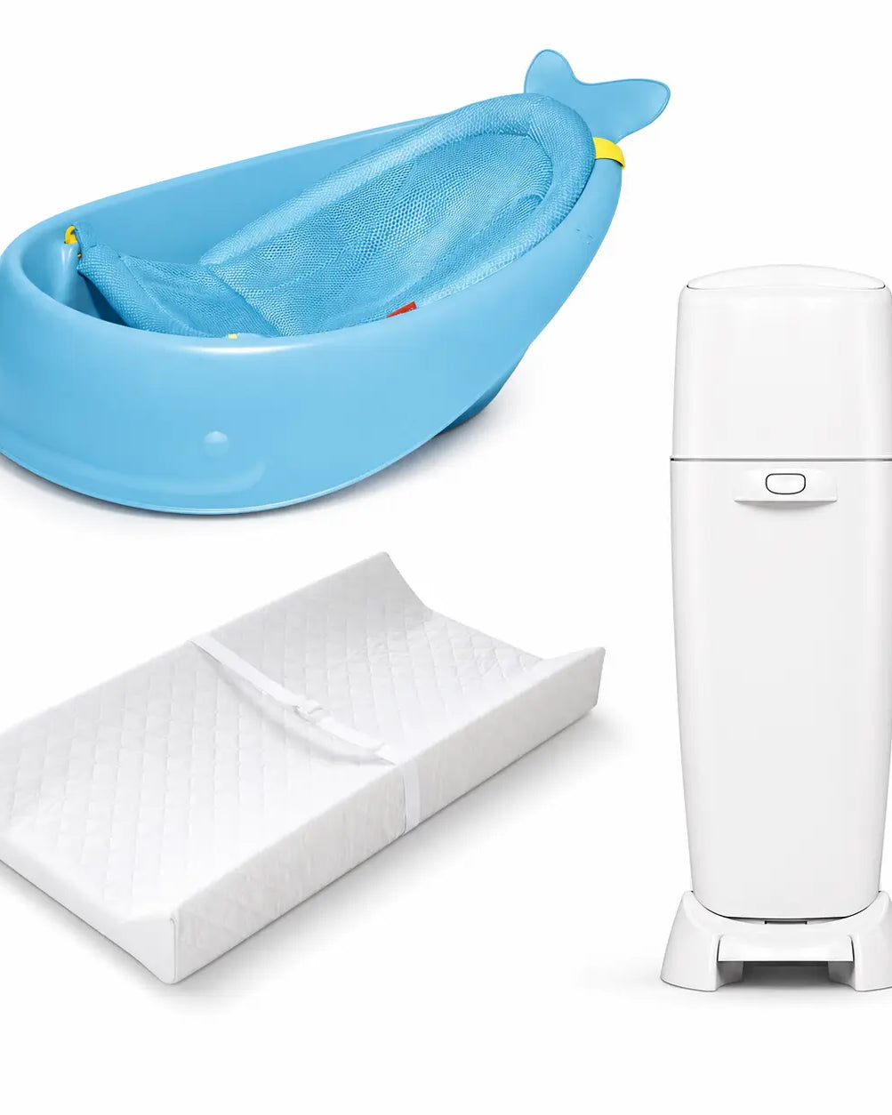 Care essentials baby gear rental bundle in Panama with baby bathtub, changing pad, and diaper pail on a white background.