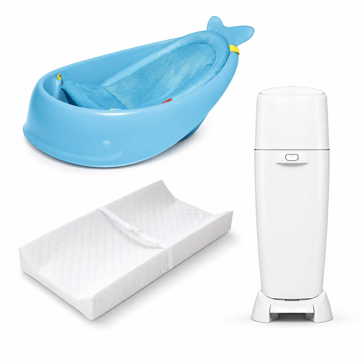 Care essentials baby gear rental bundle in Panama with baby bathtub, changing pad, and diaper pail on a white background.