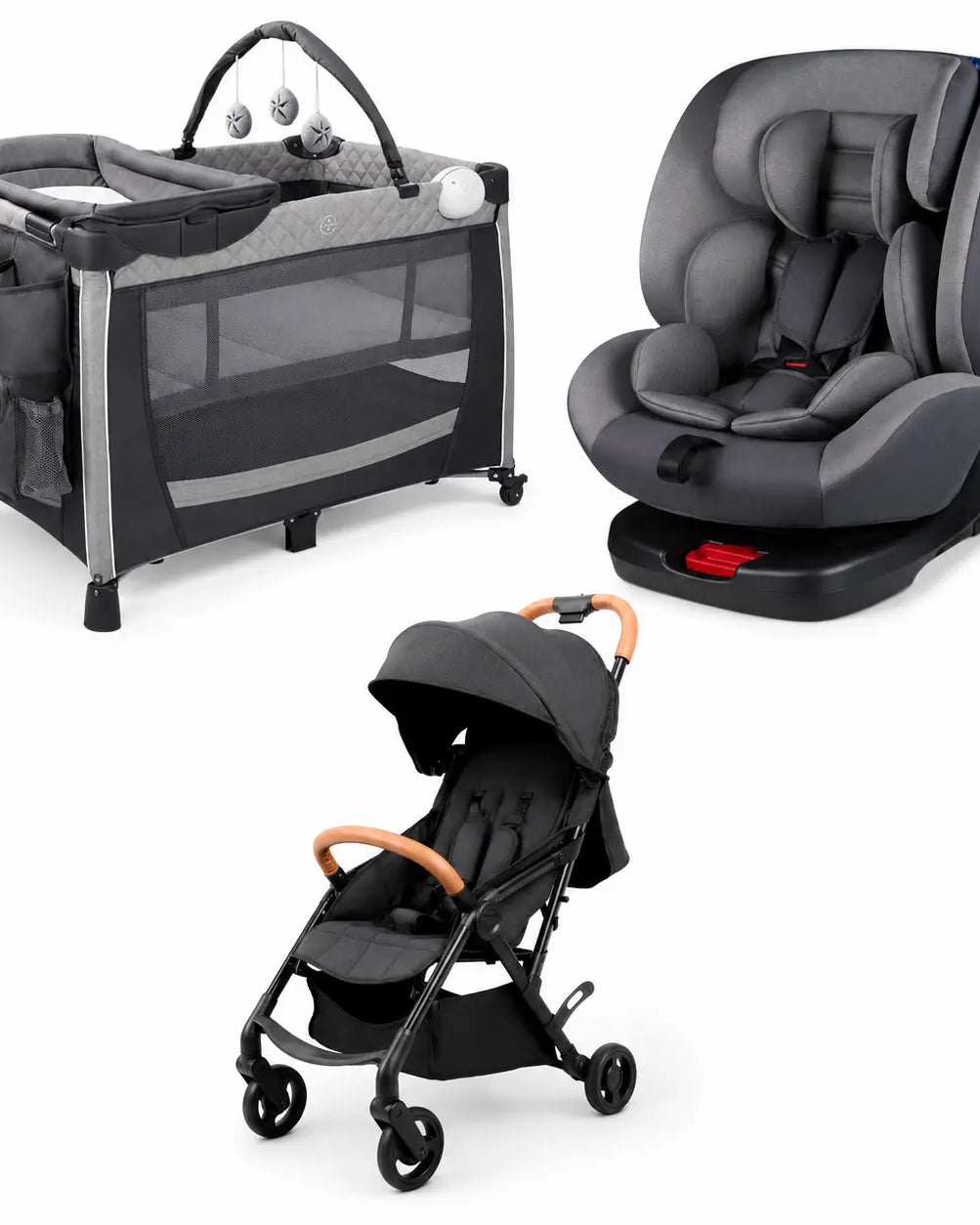 Mobility and rest baby gear rental bundle in Panama with stroller, car seat, and playard on a white background.
