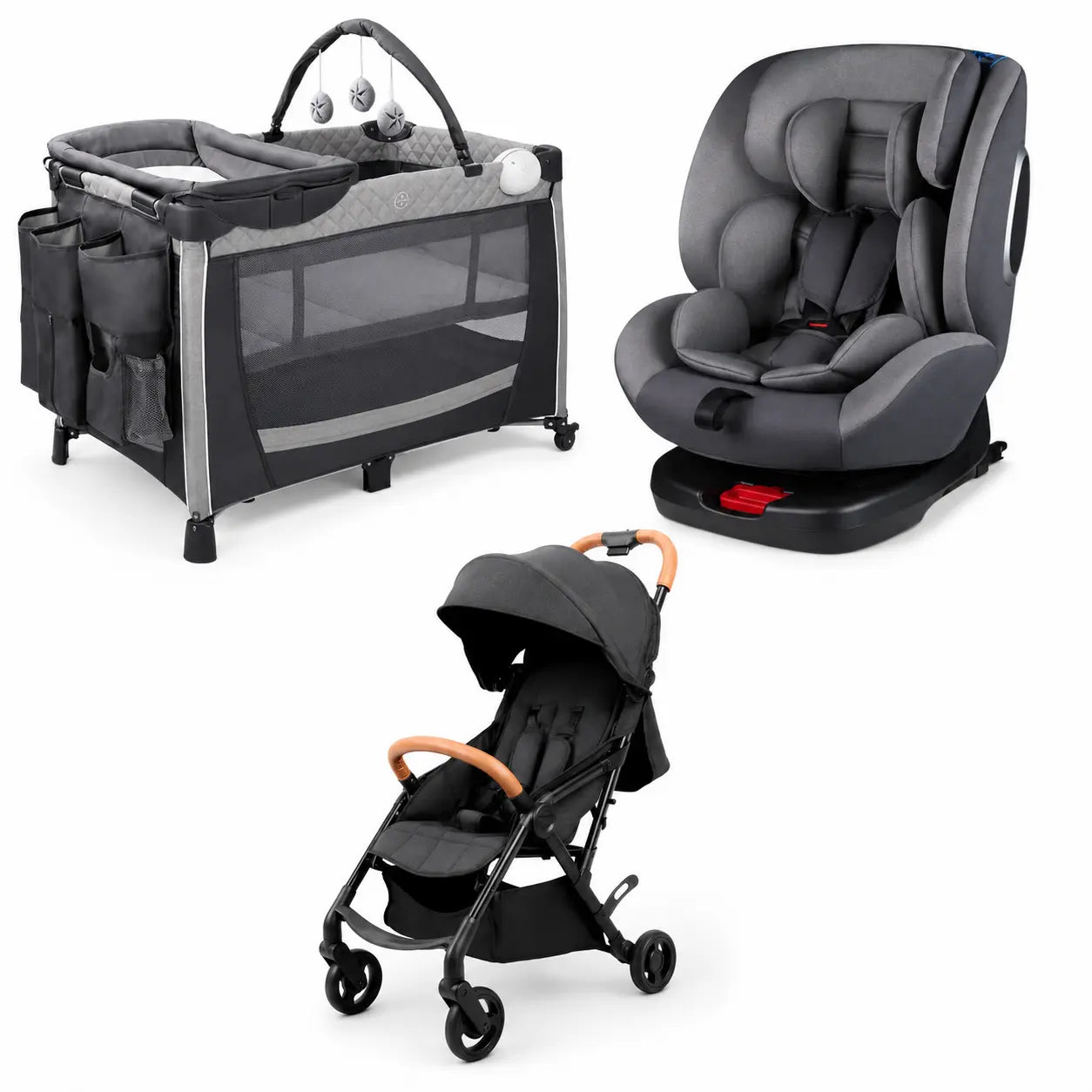 Mobility and rest baby gear rental bundle in Panama with stroller, car seat, and playard on a white background.