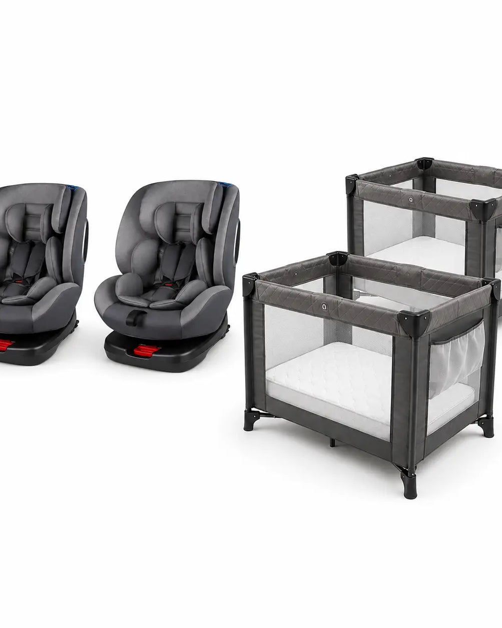 Two car seats and two Pack ’n Plays with mattresses on a white background for a family baby gear rental combo.