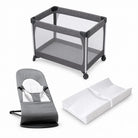 All-in-one baby gear rental bundle in Panama with playard, baby bouncer, and changing pad on a white background.