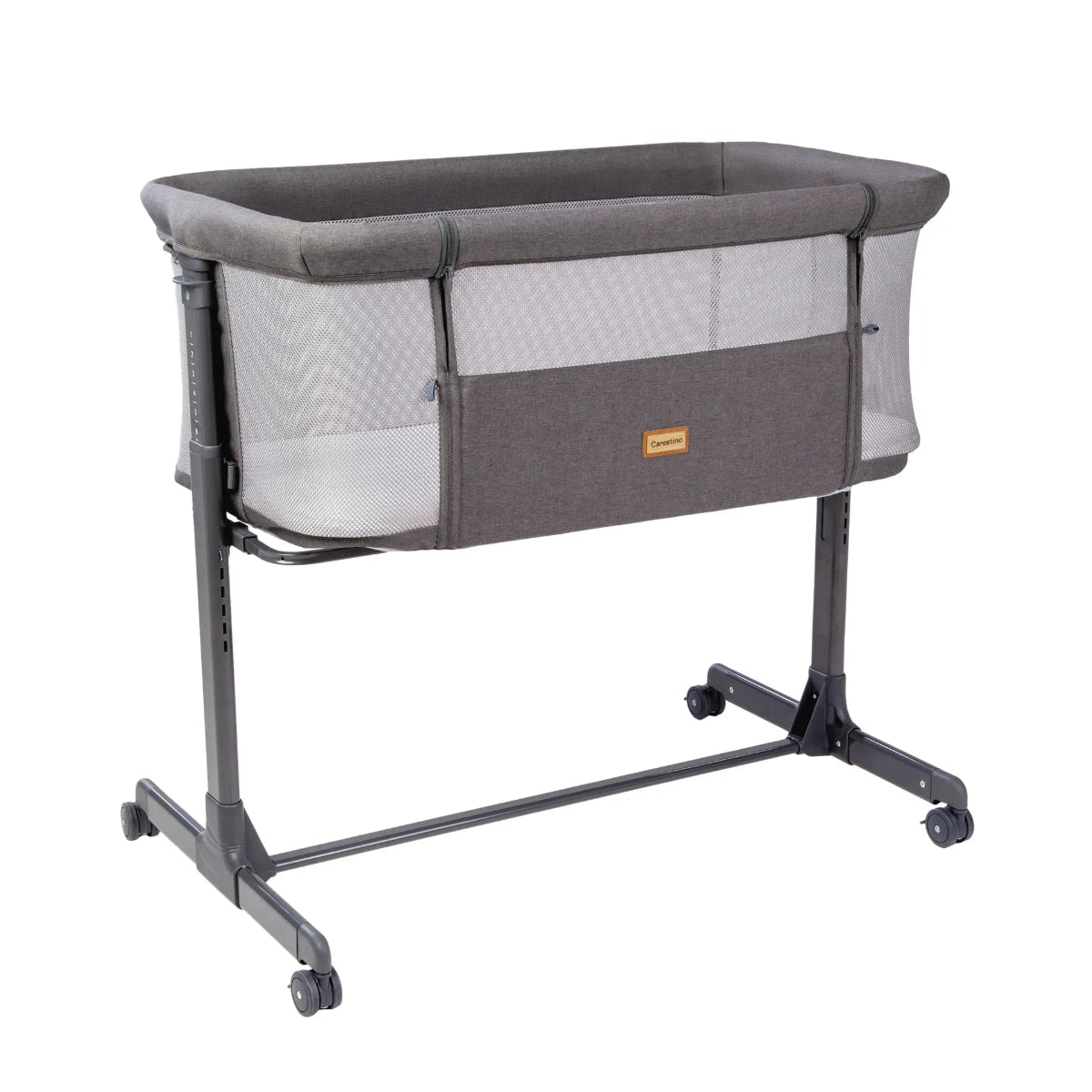 Modena bedside bassinet for baby rental in Panama, front view with adjustable height and wheels.