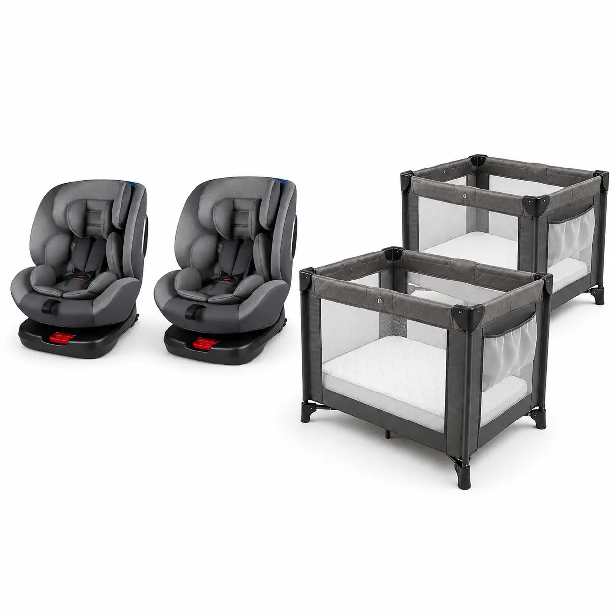 Two car seats and two Pack ’n Plays with mattresses on a white background for a family baby gear rental combo.
